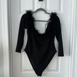 Nasty Gal Black Feather Trim Bodysuit